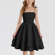8-13Y Girls' Summer Butterfly-Trim Sleeveless Dress Solid Color Ruffled Layered Spaghetti Strap Flared Skirt